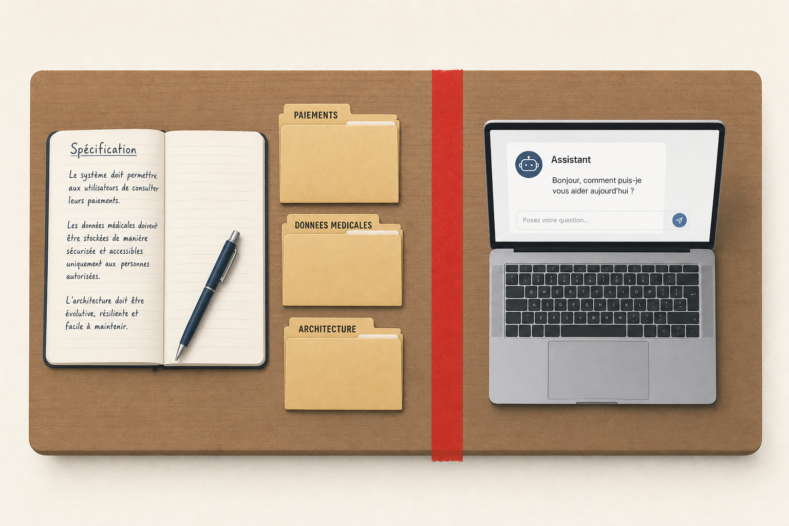 Un bureau vu de dessus avec une ligne rouge separant le carnet de specification des dossiers sensibles et l ordinateur portable
