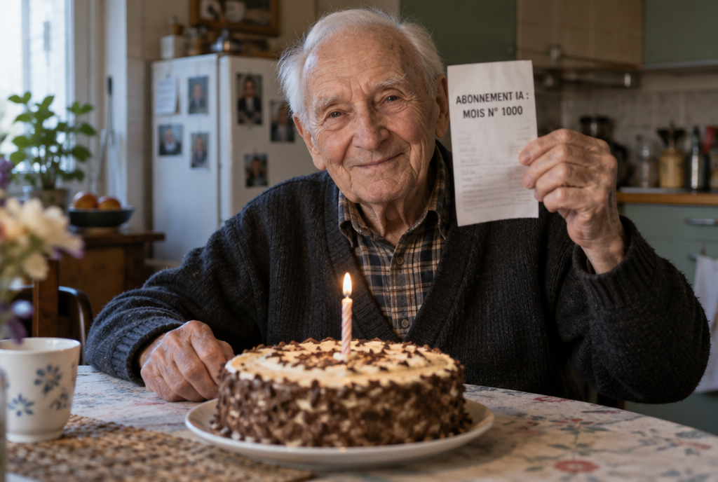 Un homme très âgé, souriant devant un gâteau d'anniversaire à une seule bougie, tient un ticket marqué « Abonnement IA : mois n° 1000 »