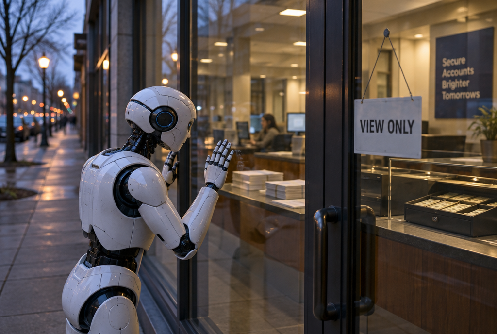 A white humanoid robot presses its face and hands against the window of a closed bank branch, looking inside, with a sign saying “Consultation only” on the door