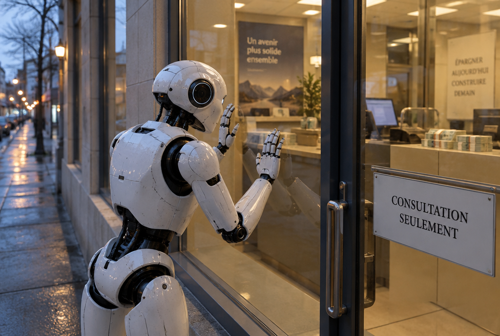 Un robot humanoïde blanc colle son visage et ses mains contre la vitrine d'une agence bancaire fermée, regardant l'intérieur, avec sur la porte un panneau « Consultation seulement »