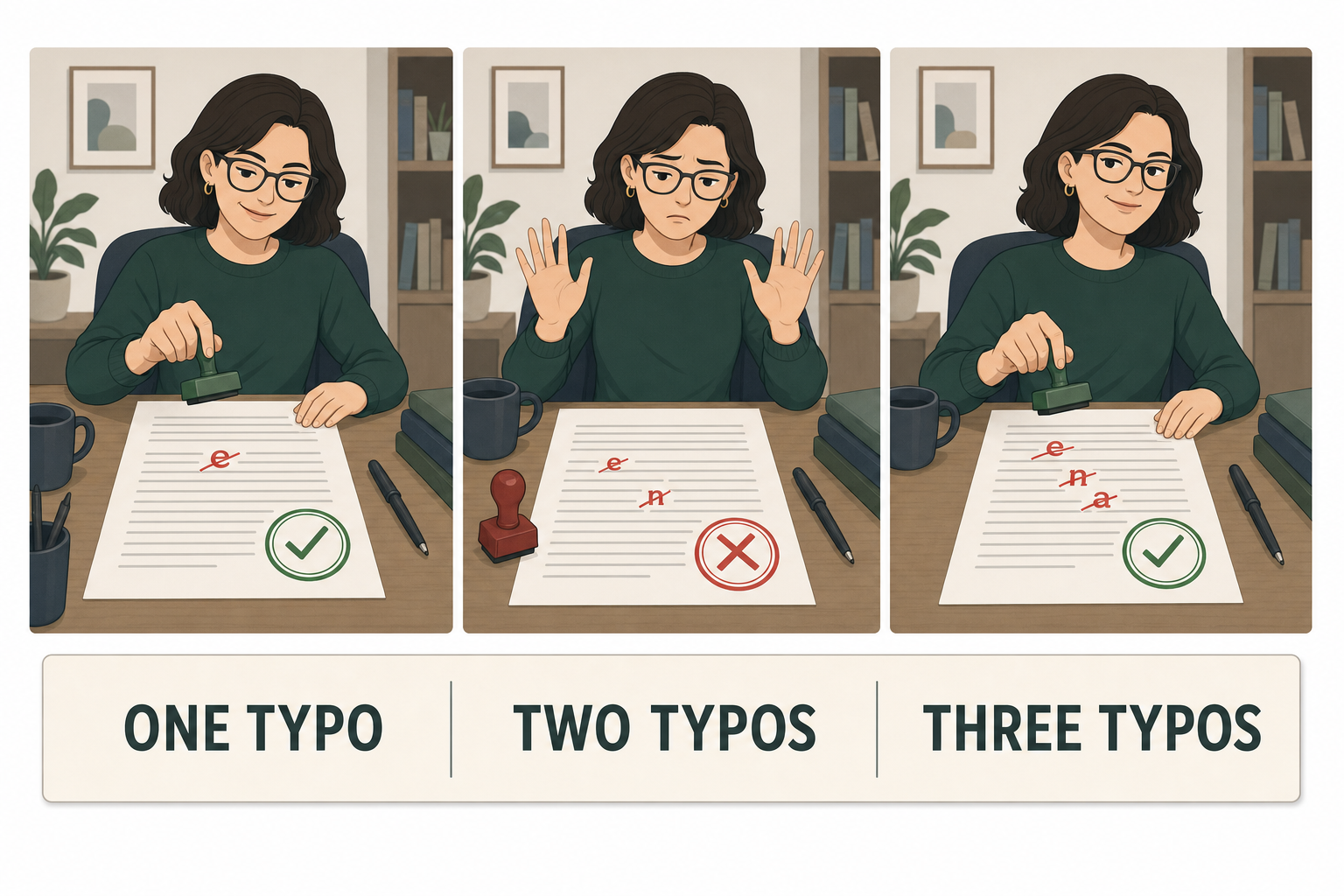 Three corrector thumbnails: one error fixed, two errors abandoned, three errors confidently fixed the wrong way