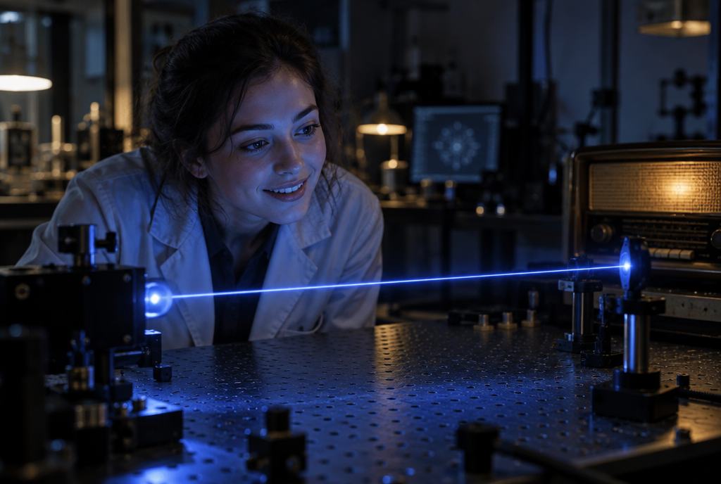 Dans un laboratoire sombre, un fin faisceau laser traverse l'air au-dessus d'une table d'optique et laisse derrière lui un fil de lumière bleue brillant, comme une lame suspendue, pendant qu'une chercheuse en blouse le regarde, ravie, à côté d'un petit poste de radio