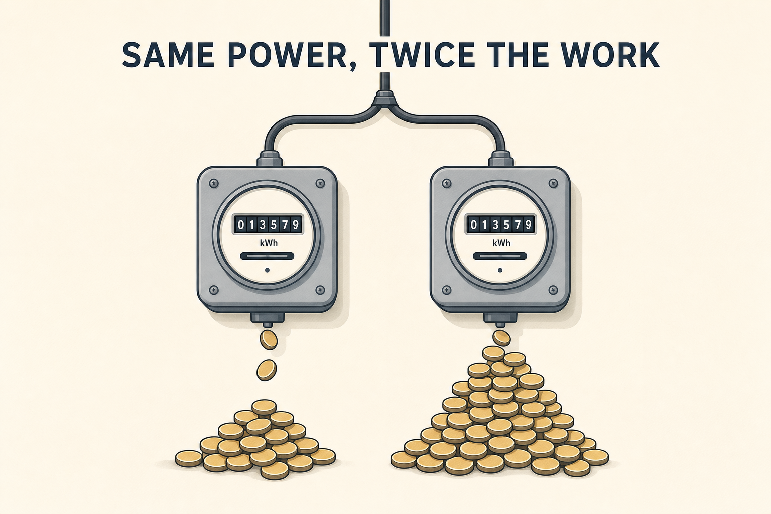 Two identical electricity meters, two piles of tokens of different sizes