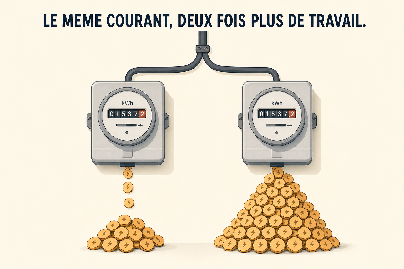 Deux compteurs electriques identiques, deux tas de jetons de taille differente
