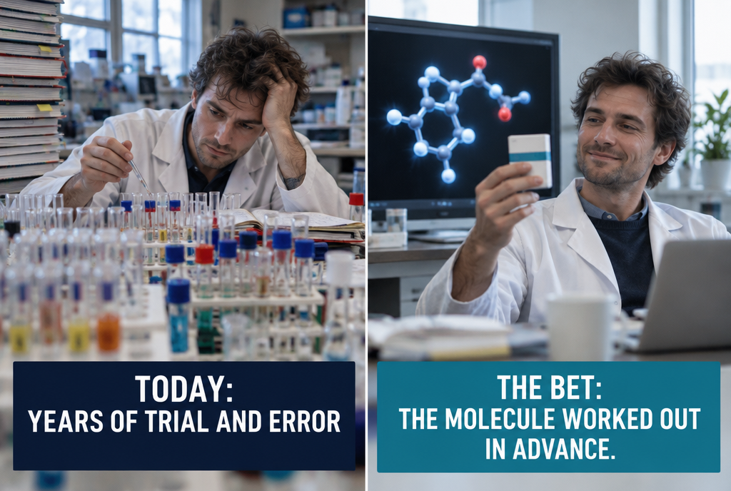 Before and after, side by side: on the left, an exhausted chemist, hand on forehead, surrounded by hundreds of test tubes and piles of notebooks, under the label “Today: years of testing”; on the right, the same relaxed chemist in front of a large screen showing a 3D molecule, a small medicine box in hand, under the label “The gamble: the molecule calculated in advance”