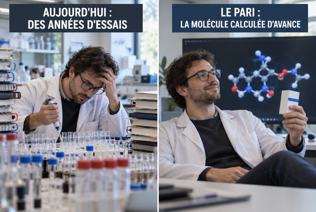 Avant et après, côte à côte : à gauche, un chimiste épuisé, la main sur le front, au milieu de centaines d'éprouvettes et de piles de cahiers, sous l'étiquette « Aujourd'hui : des années d'essais » ; à droite, le même chimiste détendu devant un grand écran qui montre une molécule en 3D, une petite boîte de médicament à la main, sous l'étiquette « Le pari : la molécule calculée d'avance »
