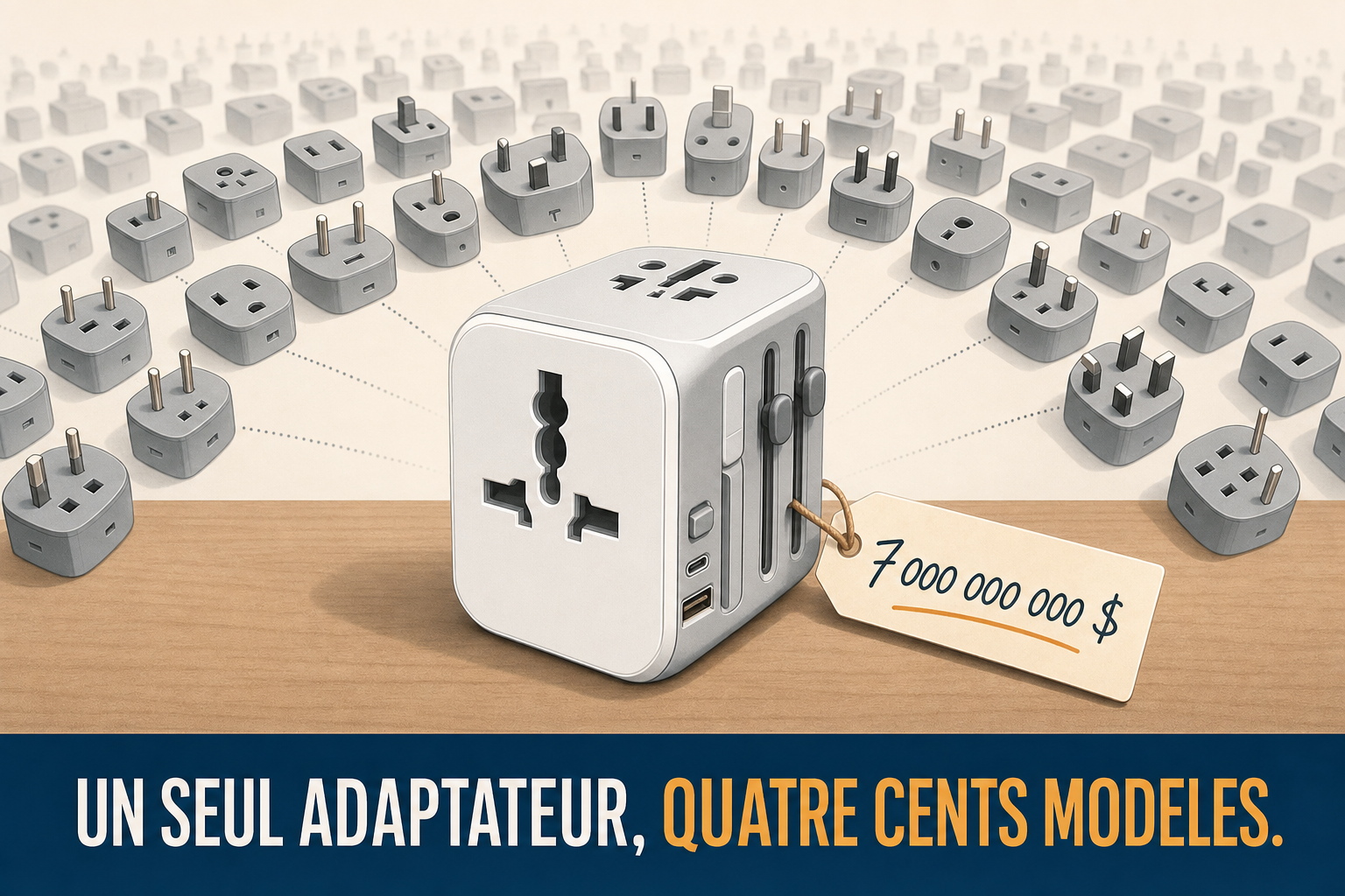 Un adaptateur universel entouré de centaines de prises différentes, avec une étiquette à sept milliards de dollars