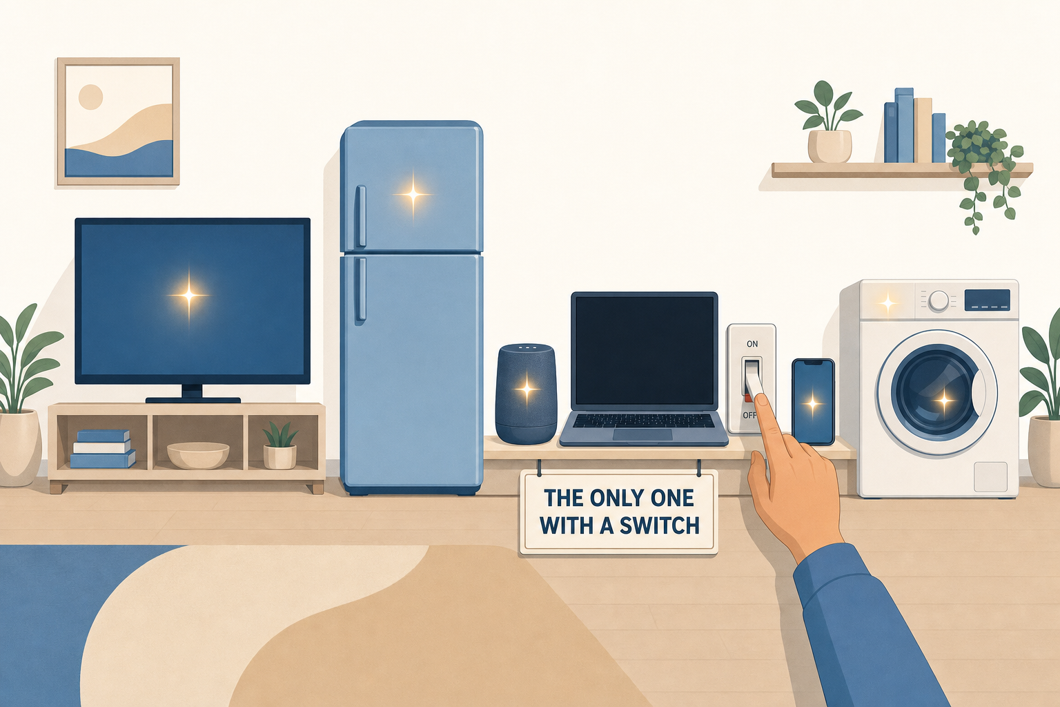 Illustration of a wall of household devices all bearing a small spark of AI, only the laptop has a switch that a hand operates
