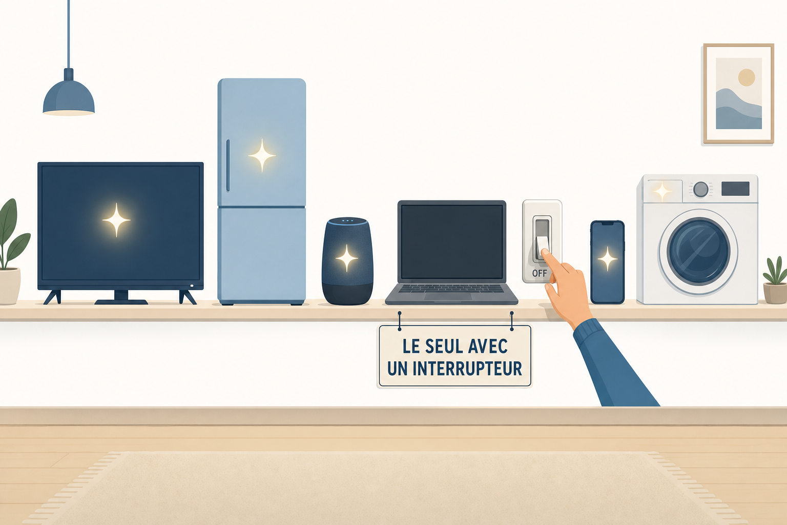 Illustration d un mur d appareils menagers portant tous une petite etincelle d IA, seul l ordinateur portable dispose d un interrupteur qu une main actionne