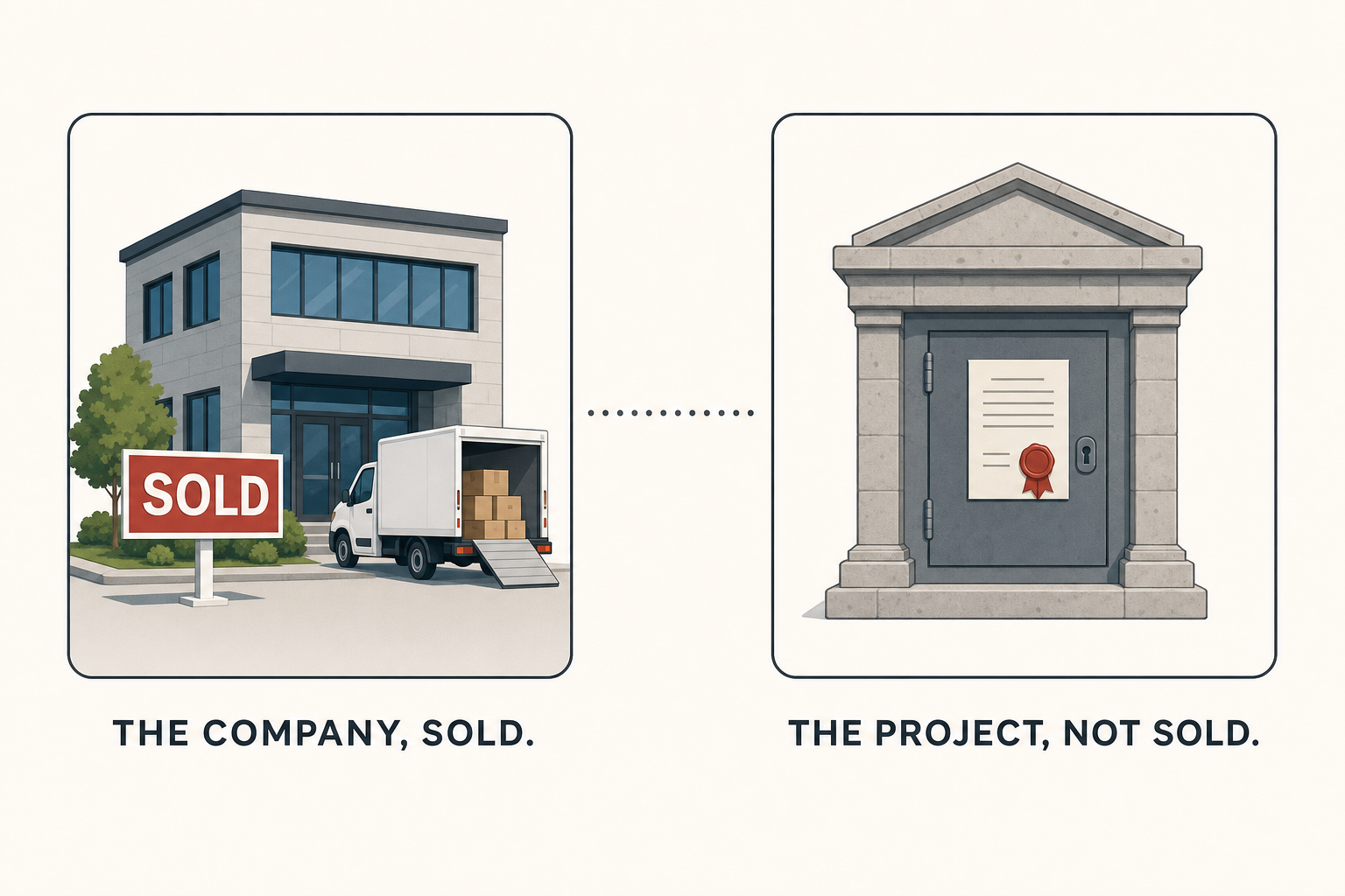 Two separate frames, the company sold with its for sale sign, and the unsold project in a stone safe