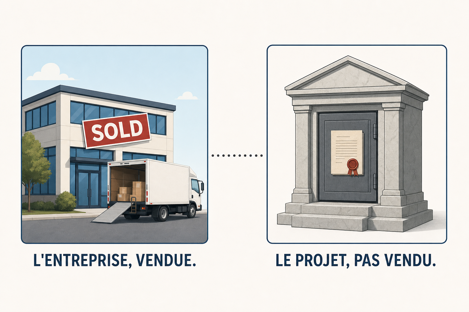 Deux cadres separes, l entreprise vendue avec son panneau a vendre, et le projet non vendu dans un coffre de pierre