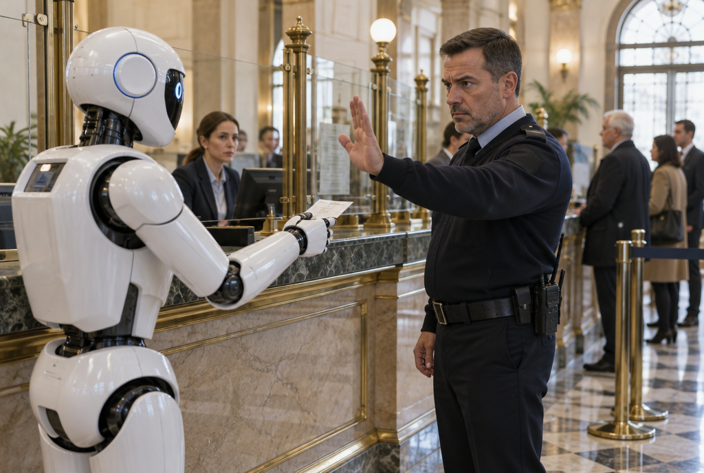 In the hall of a bank with marble counters, a white humanoid robot holds out a piece of paper at the counter while a uniformed security guard steps in, hand raised to stop it