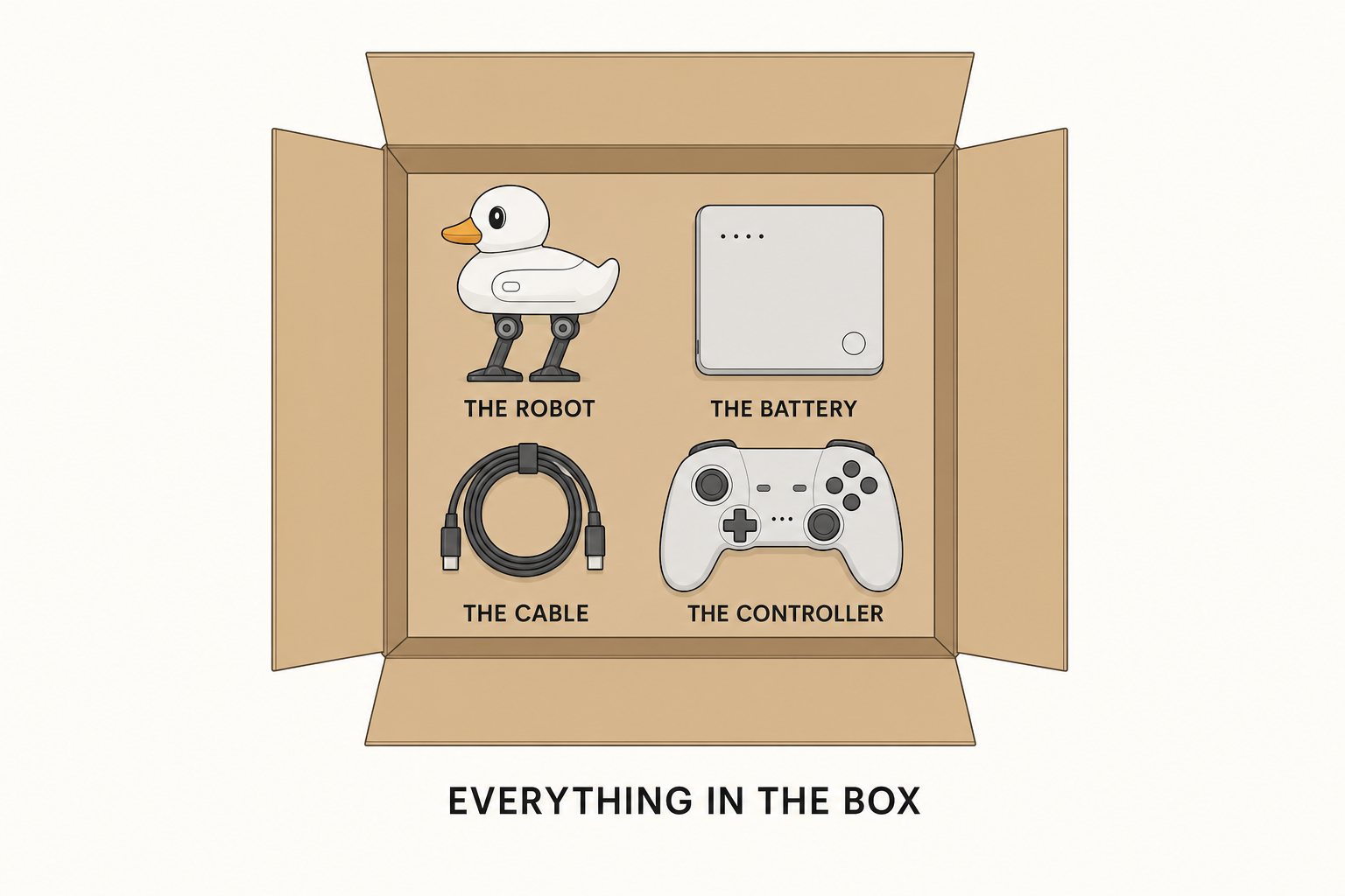 The contents of the box seen from above, the robot, the battery, a cable and a game controller
