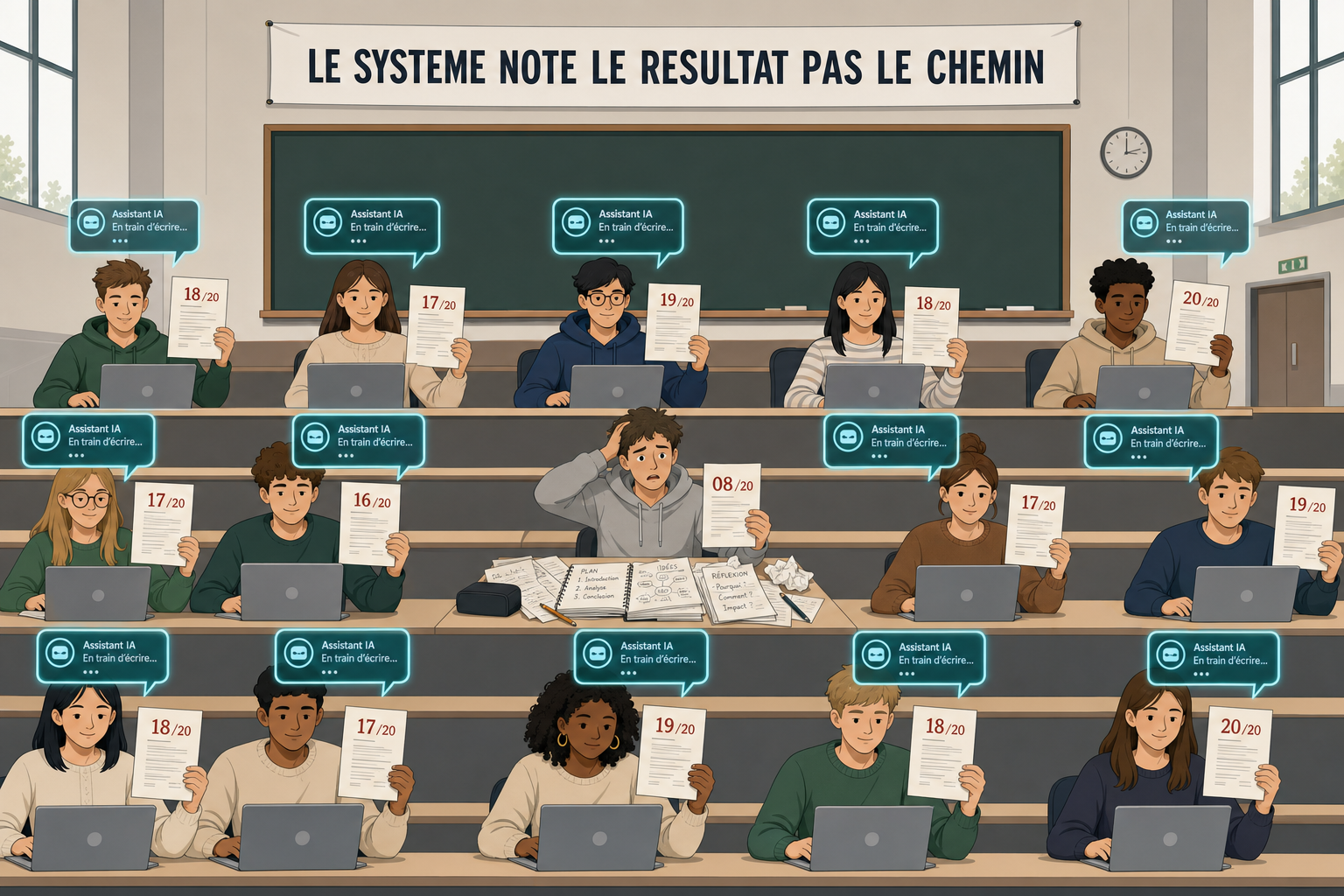 Un amphi ou tous les etudiants sauf un utilisent un assistant IA et affichent une excellente note