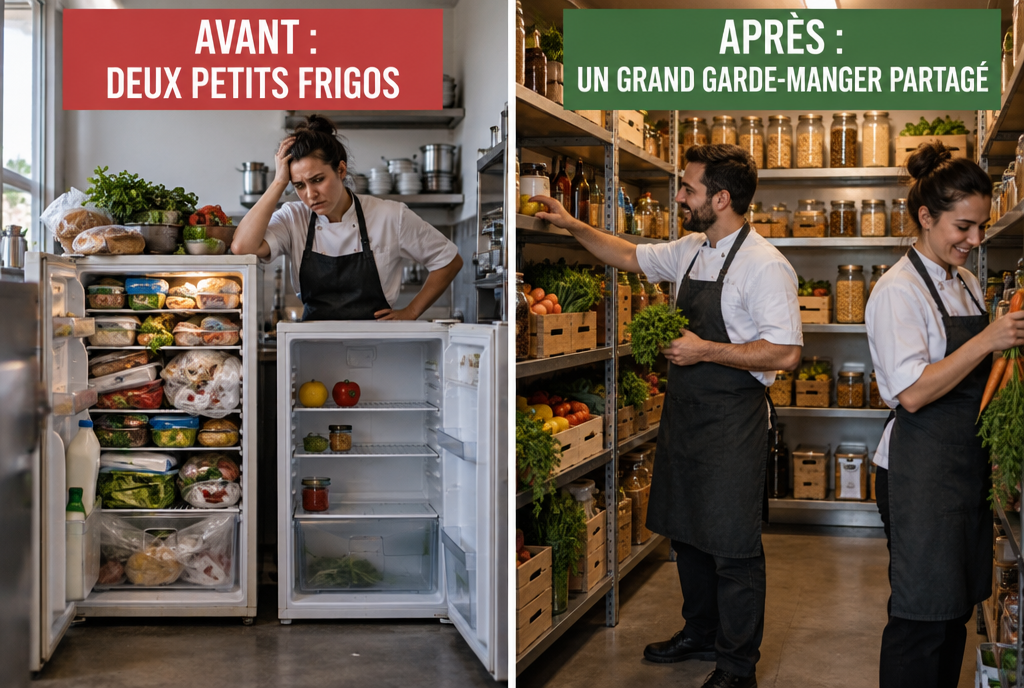 Avant et après, côte à côte dans une cuisine : à gauche, deux tout petits frigos séparés, l'un plein à craquer et l'autre à moitié vide, avec l'étiquette « Avant : deux petits frigos » ; à droite, un grand garde-manger bien rangé où deux cuisiniers se servent en même temps, avec l'étiquette « Après : un grand garde-manger partagé »