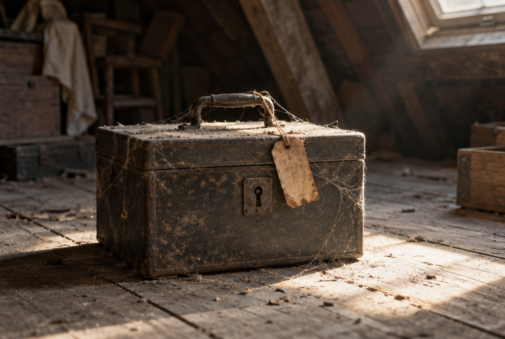 In a dusty attic, an old closed steel safe covered in cobwebs, sitting on a wooden floor in a beam of light coming from a skylight, with a yellowed paper label tied to its handle