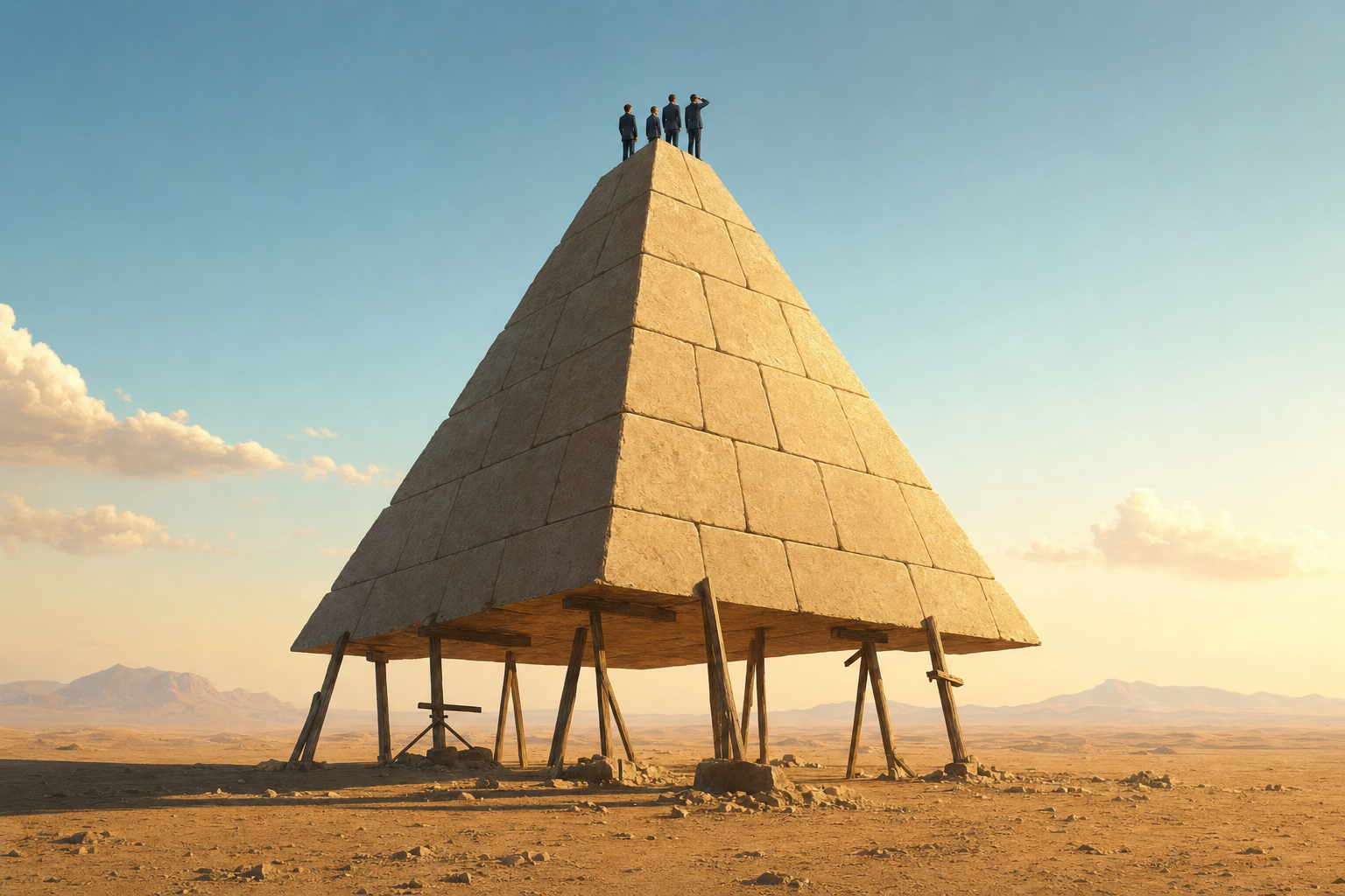Une pyramide de pierre dont toute la rangee du bas a disparu, tenant sur quelques etais, avec de petites silhouettes en costume au sommet qui regardent l horizon