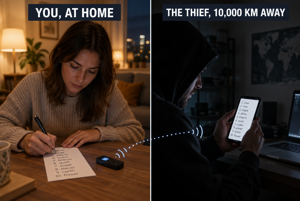 Two scenes side by side: on the left, a person copies their recovery words onto a paper card in their living room, the wallet placed next to it, under the label