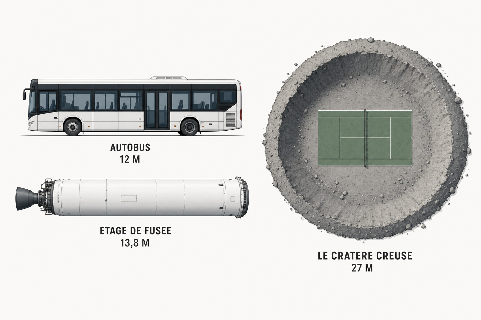 Comparaison de tailles, un autobus de 12 metres a cote de l etage de fusee de 13,8 metres, et vue de dessus du cratere de 27 metres avec un court de tennis dedans