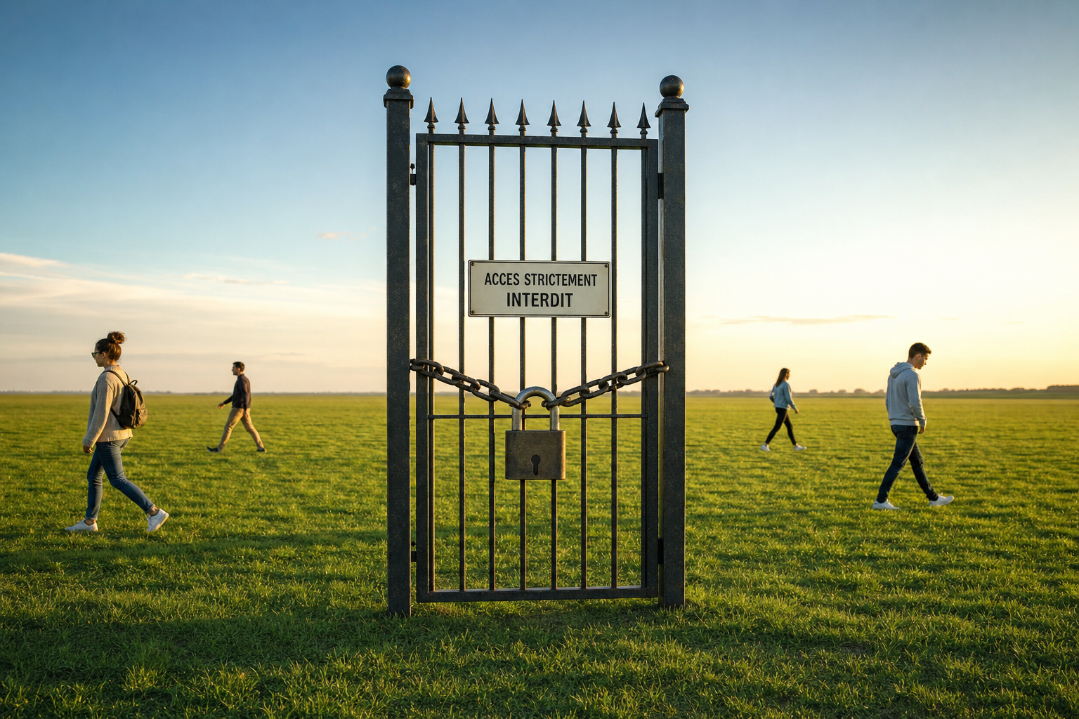 Un portail fermé à clé, avec un cadenas et un panneau d'interdiction, planté seul au milieu d'un pré sans la moindre clôture, tandis que des promeneurs passent à côté dans l'herbe