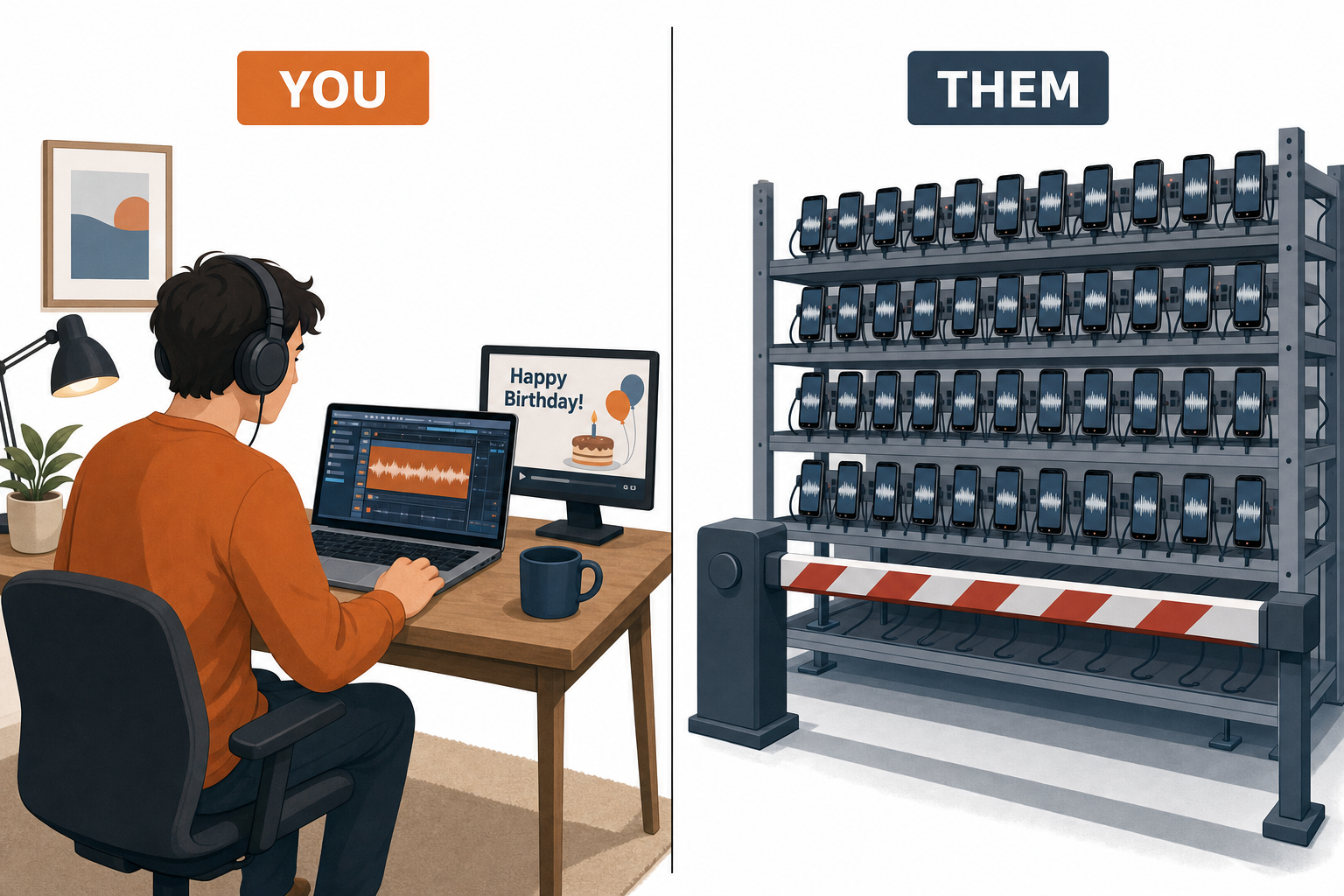 Comparison: on the left, a person alone at home making a track for a birthday video; on the right, an industrial phone rack blocked by a barrier