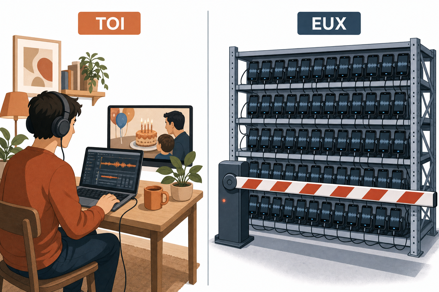 Comparaison, a gauche une personne seule chez elle qui fabrique un morceau pour une video d anniversaire, a droite un rack de telephones industriel bloque par une barriere