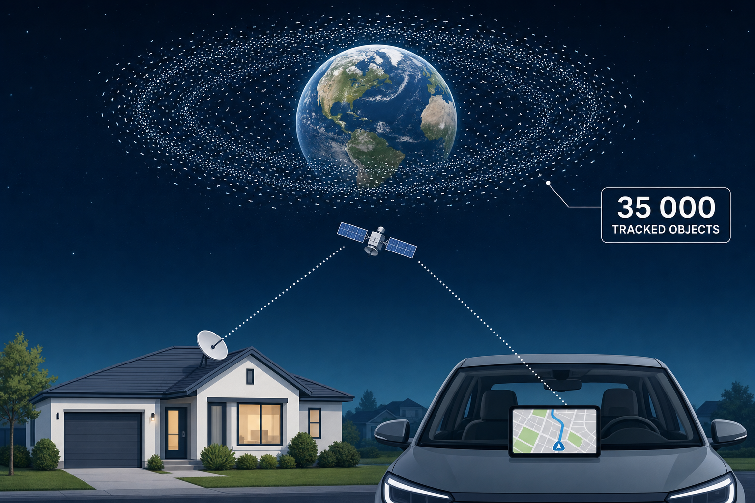 La Terre entouree d un essaim de debris suivis, avec en bas une maison a parabole et une voiture avec un GPS relies a un satellite