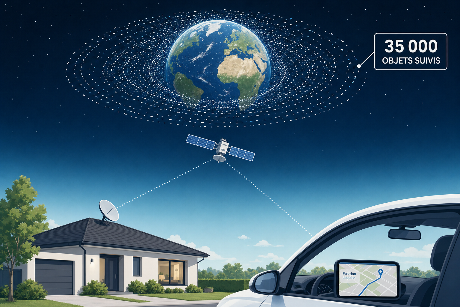 La Terre entouree d un essaim de debris suivis, avec en bas une maison a parabole et une voiture avec un GPS relies a un satellite