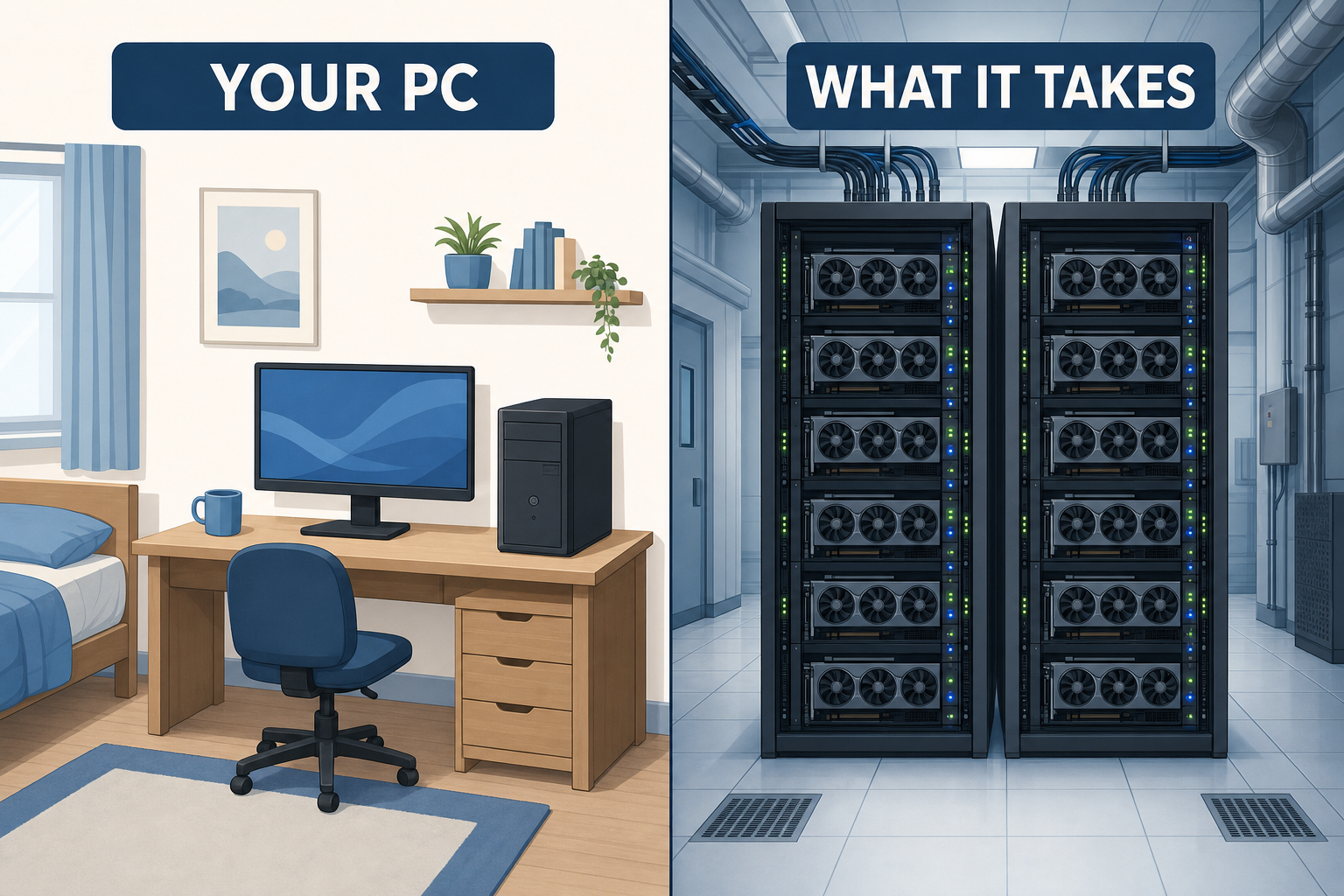 Two panels, on the left a simple desktop computer, on the right two server racks filled with graphics cards