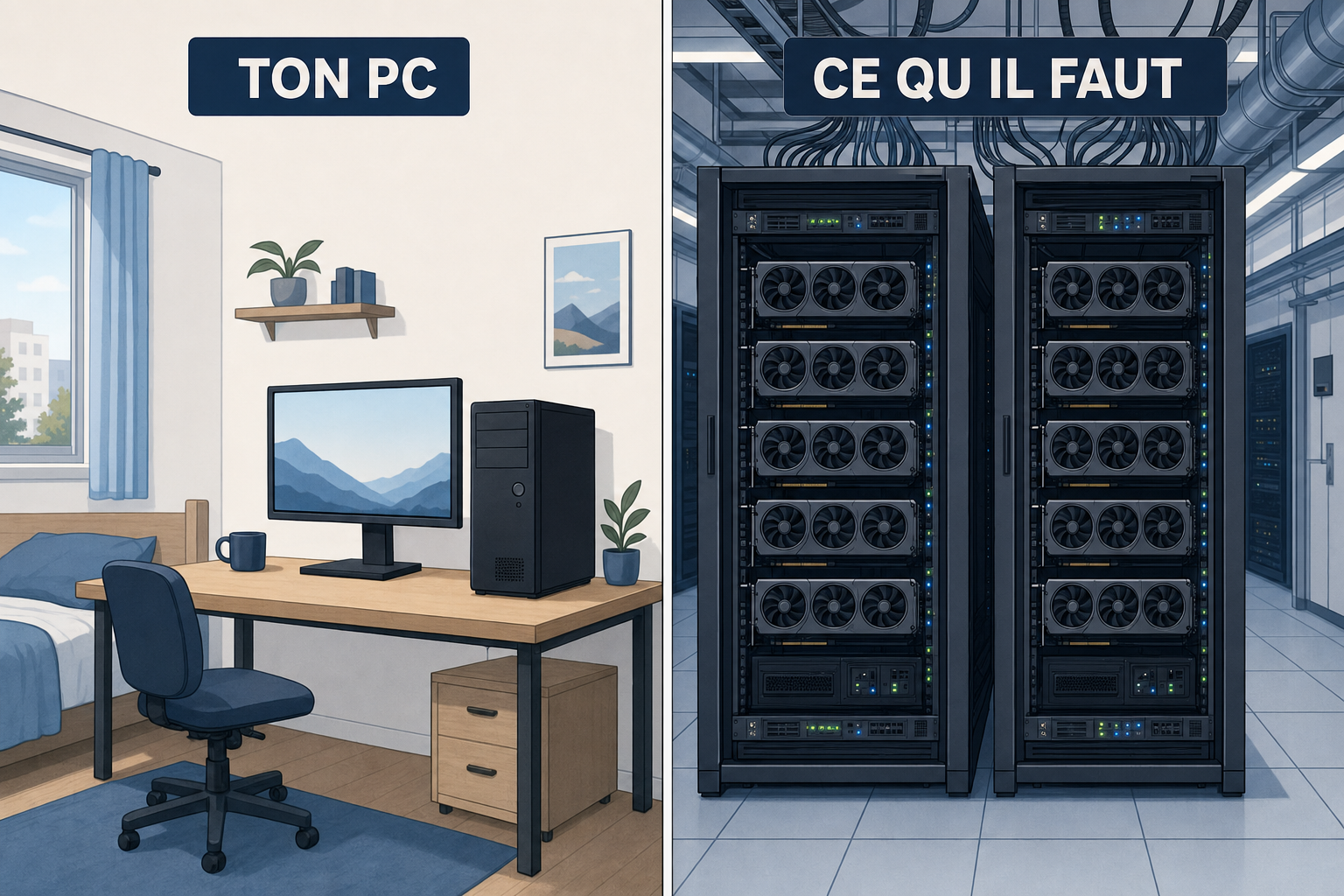 Deux panneaux, a gauche un simple ordinateur de bureau, a droite deux baies de serveurs remplies de cartes graphiques