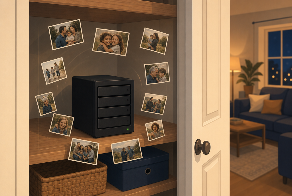 Un placard entrouvert avec un boîtier de stockage domestique sur une étagère, entouré de photos de famille retenues à l'intérieur