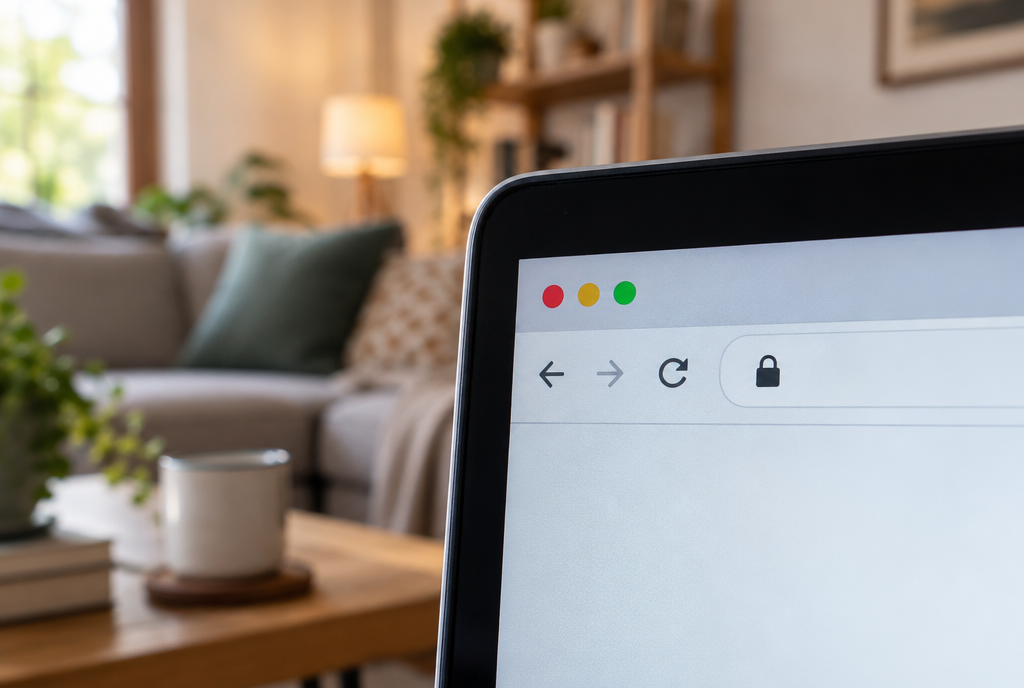 Close-up of the corner of a laptop screen showing a browser address bar with a small closed padlock icon, in a blurred living room in the background