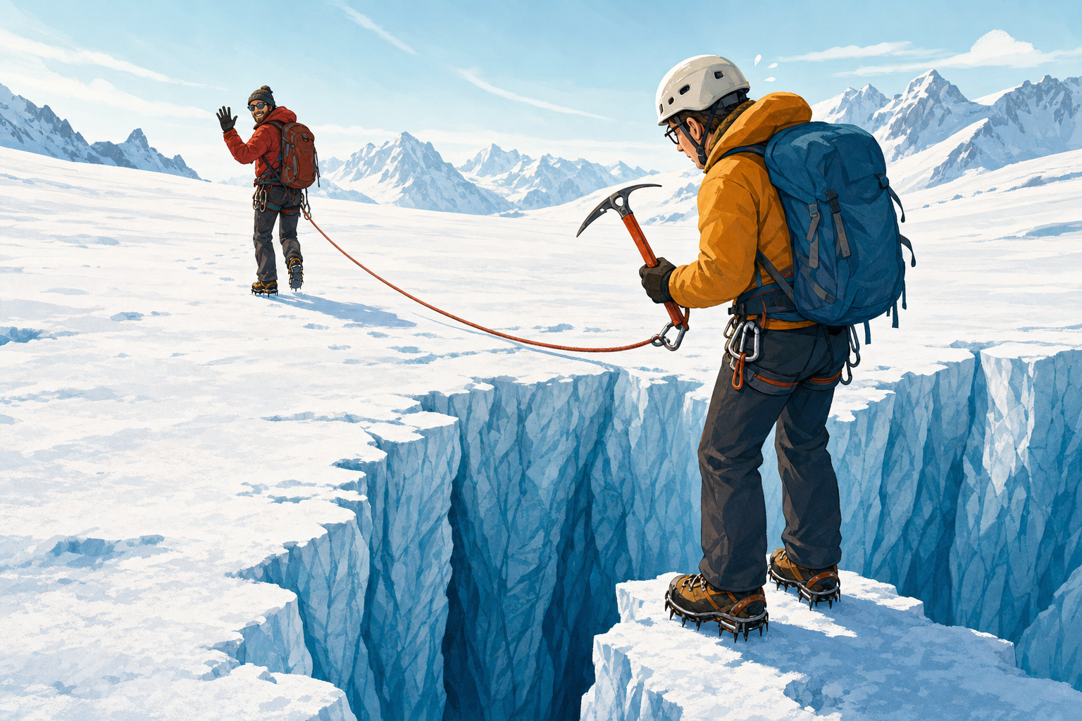 Un guide de montagne qui a conduit un amateur jusqu'au bord d'une crevasse et qui repart en agitant la main, la corde encore attachée entre eux