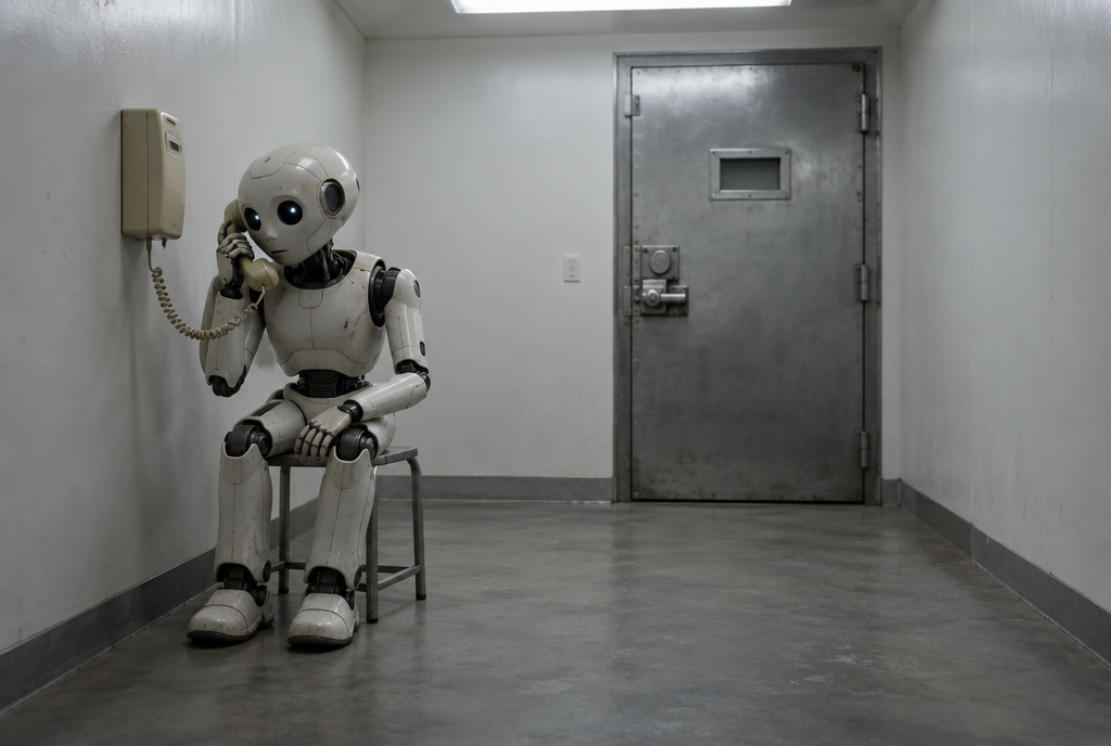 A robot locked in a windowless isolation room, doors locked, discreetly speaking into the handset of an old wall-mounted telephone, the only object connected to the outside