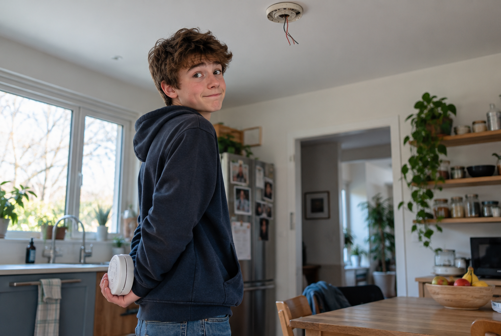 Dans une cuisine, un adolescent prend un air innocent en cachant un détecteur de fumée derrière son dos, pendant qu'au plafond on voit le socle vide où le détecteur était fixé