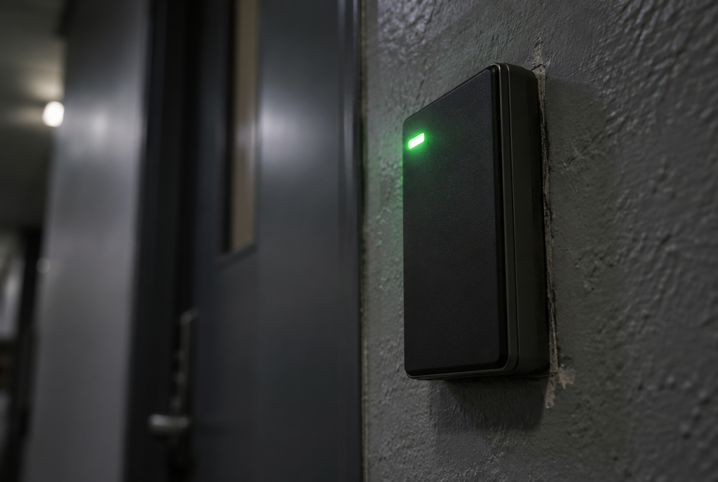 A badge reader fixed to a hallway wall, with a green light on