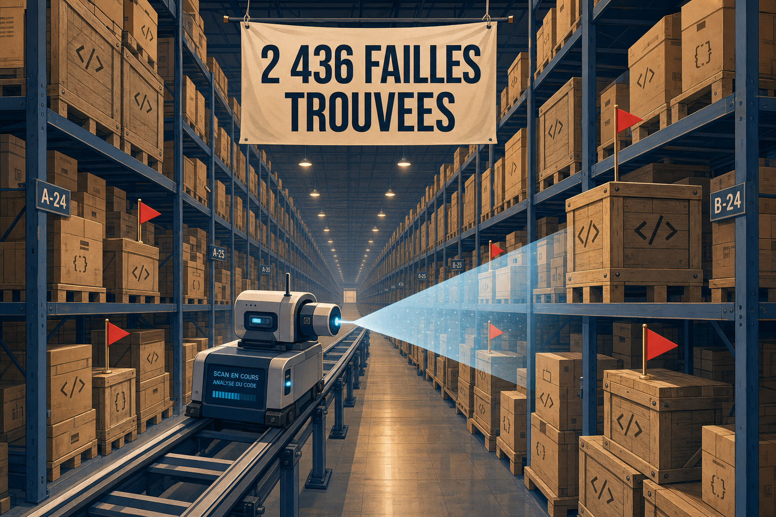Un immense entrepot de caisses de vieux logiciels inspecte par un scanner robotise, banniere 2 436 failles trouvees