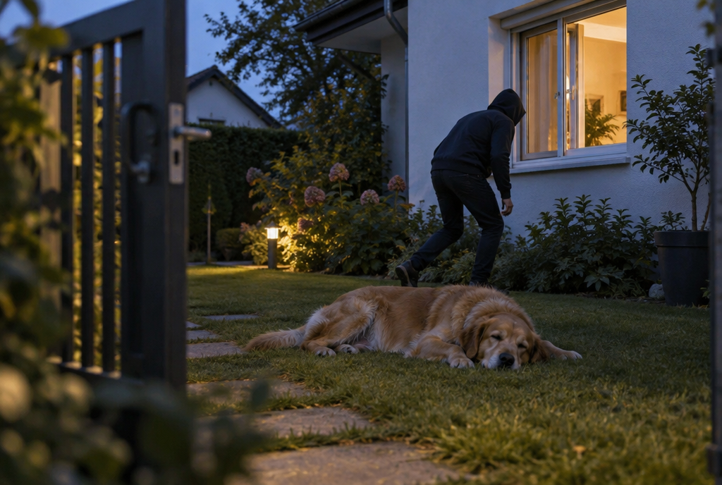 Au crépuscule, un cambrioleur en sweat à capuche passe sur la pointe des pieds devant un gros chien endormi sur la pelouse, vers une fenêtre entrouverte, le portail du jardin resté entrebâillé