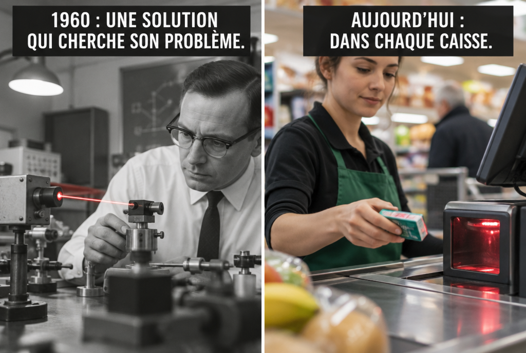 Avant et après, côte à côte : à gauche, un laboratoire des années 1960 en noir et blanc où un chercheur en chemise blanche regarde un petit appareil d'où sort un mince rayon rouge, avec l'étiquette « 1960 : une solution qui cherche son problème » ; à droite, une caisse de supermarché moderne où une caissière passe un paquet de chewing-gums devant le lecteur laser rouge, avec l'étiquette « Aujourd'hui : dans chaque caisse »