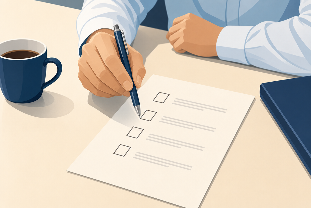 The hands of an executive, a pen hesitating above four checkboxes on a form