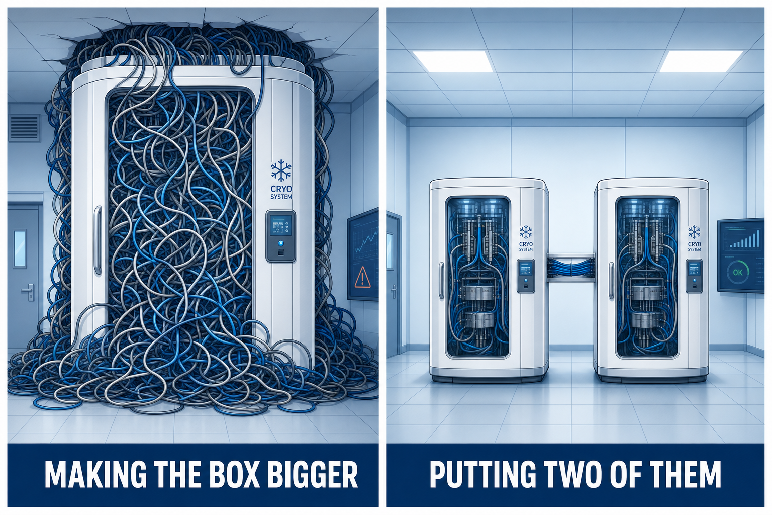 On the left a single enclosure overflowing with cables, on the right two normal enclosures connected to each other