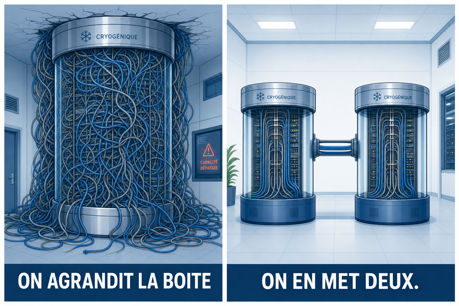 À gauche une enceinte unique débordant de câbles, à droite deux enceintes normales reliées entre elles