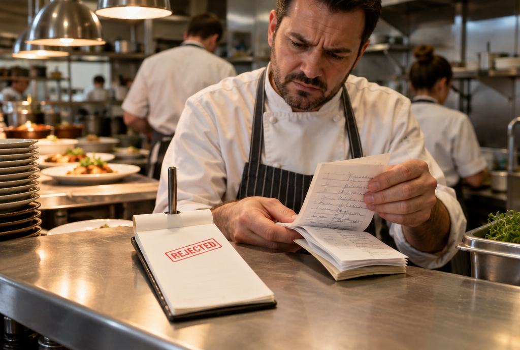 In a restaurant kitchen, an almost empty order notebook stamped “Refused” sits on the pass, while a perplexed cook flips through the next pages, filled with the orders from other tables