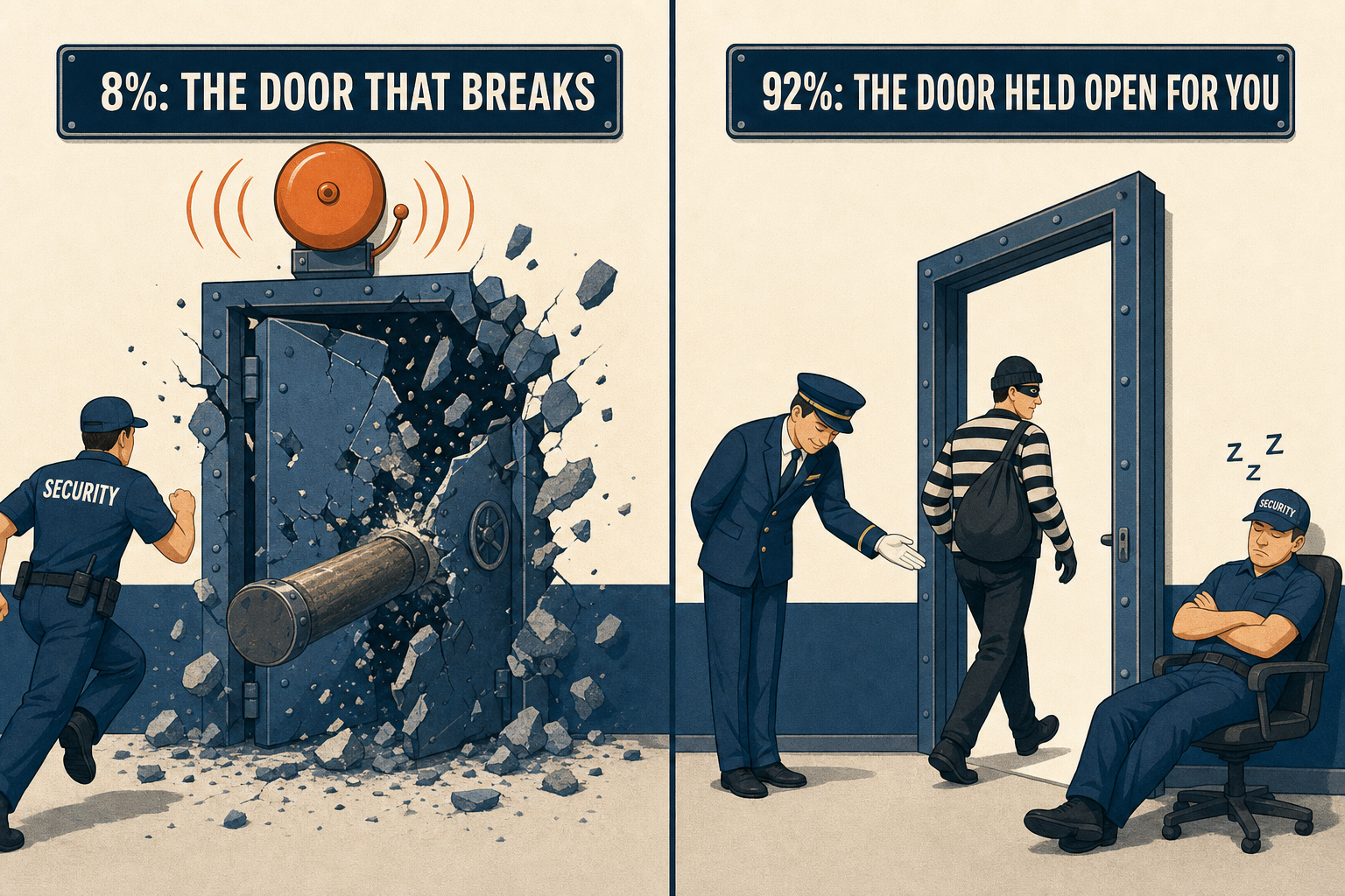 On the left, a door smashed in with a battering ram and an alarm; on the right, the same door politely opened by a doorman while the thief walks through