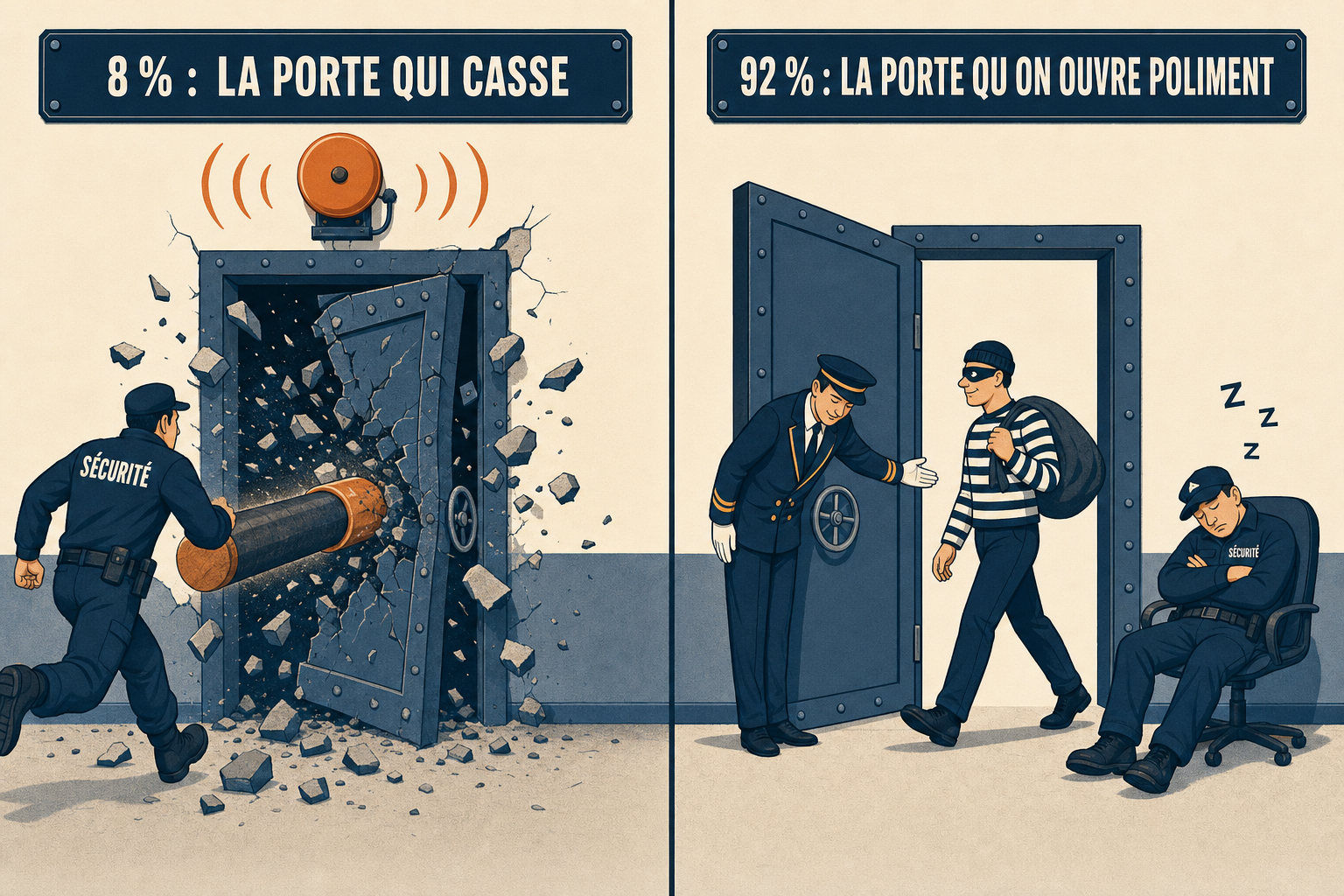 A gauche une porte defoncee au belier avec une alarme, a droite la meme porte ouverte poliment par un portier pendant que le voleur passe