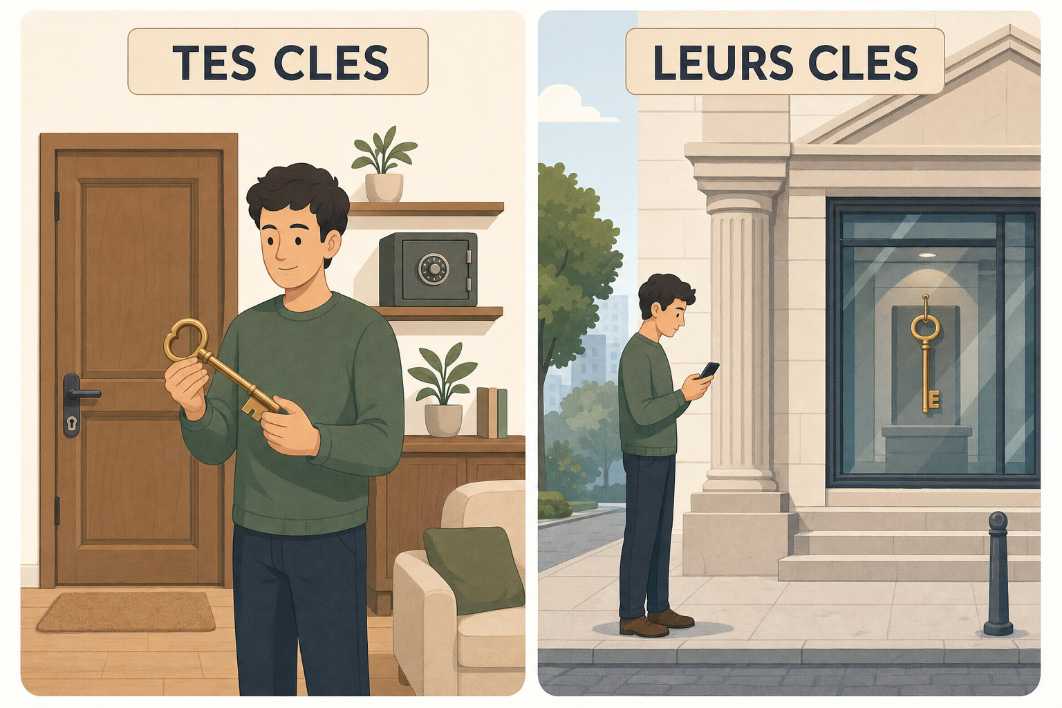 Deux panneaux, a gauche une personne qui tient elle-meme une grosse cle chez elle, a droite la meme cle accrochee derriere la vitre d une banque