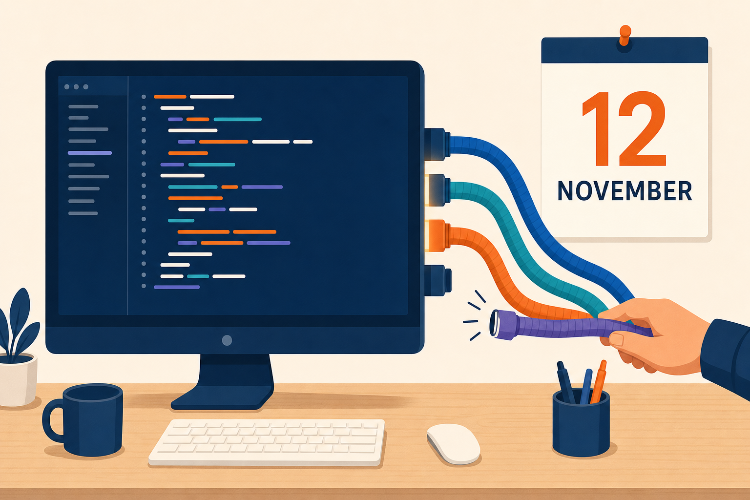 A code screen connected to four cables, a hand is unplugging one, calendar set to November 12