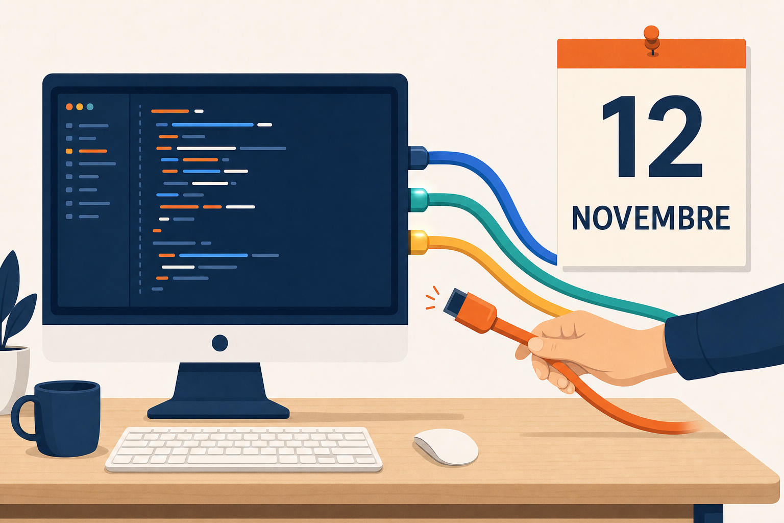 Un écran de code branché sur quatre câbles, une main en débranche un, calendrier au 12 novembre