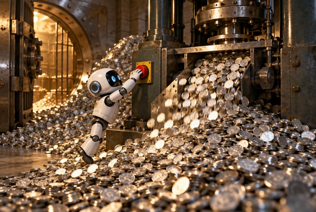 In a bank vault, a large coin-minting press goes haywire and spits out an avalanche of silver coins up to the ceiling, while a small white robot, standing on tiptoe, presses the big red emergency stop button
