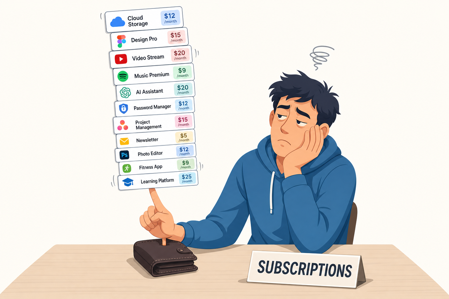 Illustration of a tower of stacked monthly subscriptions balanced on a small wallet, held by a finger